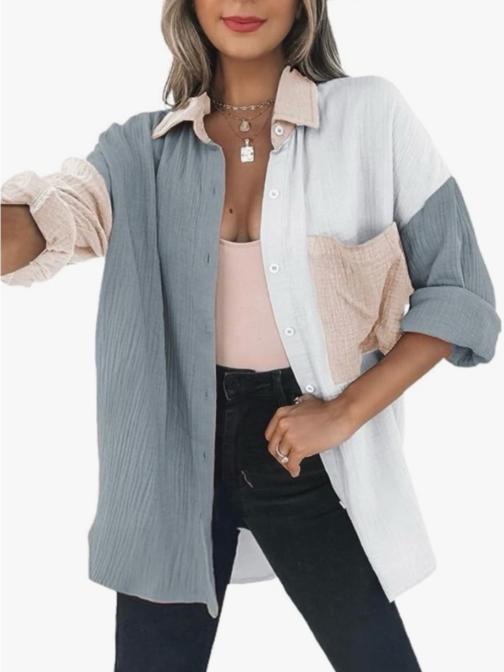 100% Cotton Color-block Button-Up Gauze Shirt Jacket - Pink, Light Gray, White